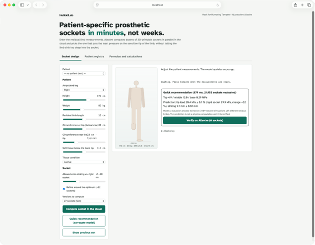 HolkkiLab web app built on the Allsolve SDK, where a prosthetist enters patient measurements to design a socket liner