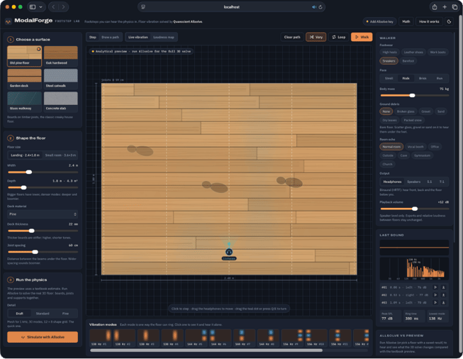 ModalForge app where users pick a floor, shoe and room and hear footstep sounds generated from Allsolve vibration simulations