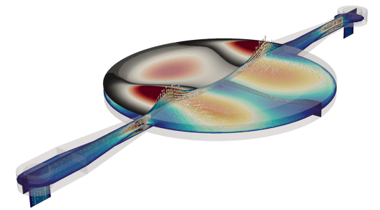 Multiphysics simulation of a piezoelectric micropump showing coupled mechanical deformation and fluid flow.