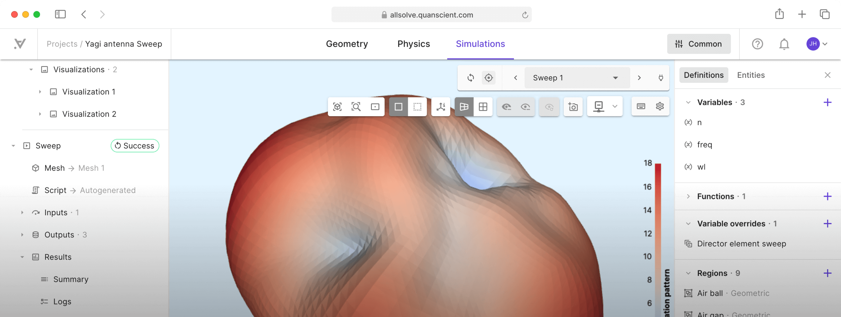 Quanscient Allsolve running a parameter sweep in the browser, with variables, variable overrides and results in the side panels.