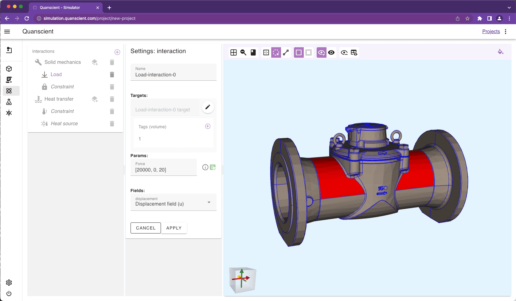 Demo picture of the Quanscient.allsolve GUI with a piece of a pipe